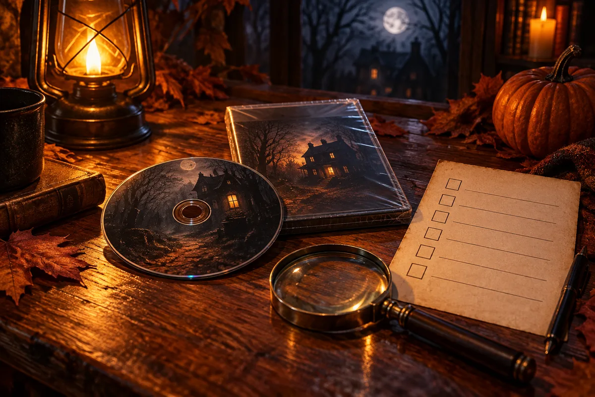 A game disc, generic sealed case, magnifying glass and blank checklist on a warmly lit wooden table