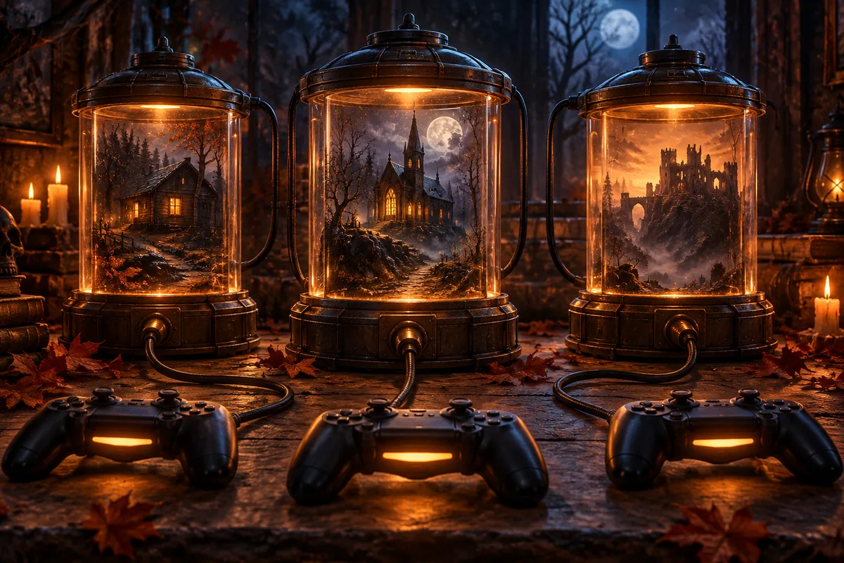 Three separate glass save-file vaults beside connected game controllers, visual metaphor for connected play but separate progress