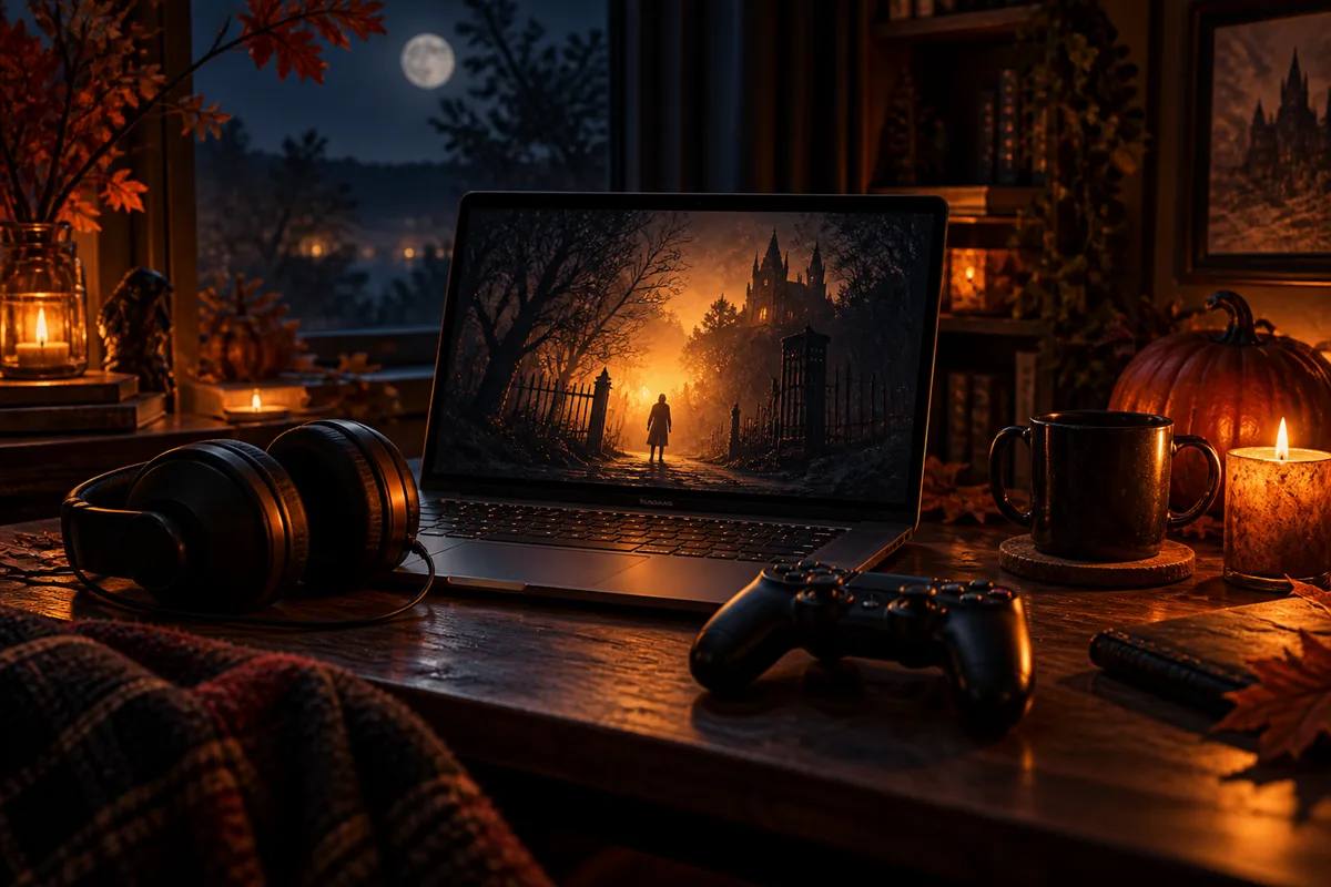 A desk with headphones, a controller and a laptop displaying abstract cinematic frames without text