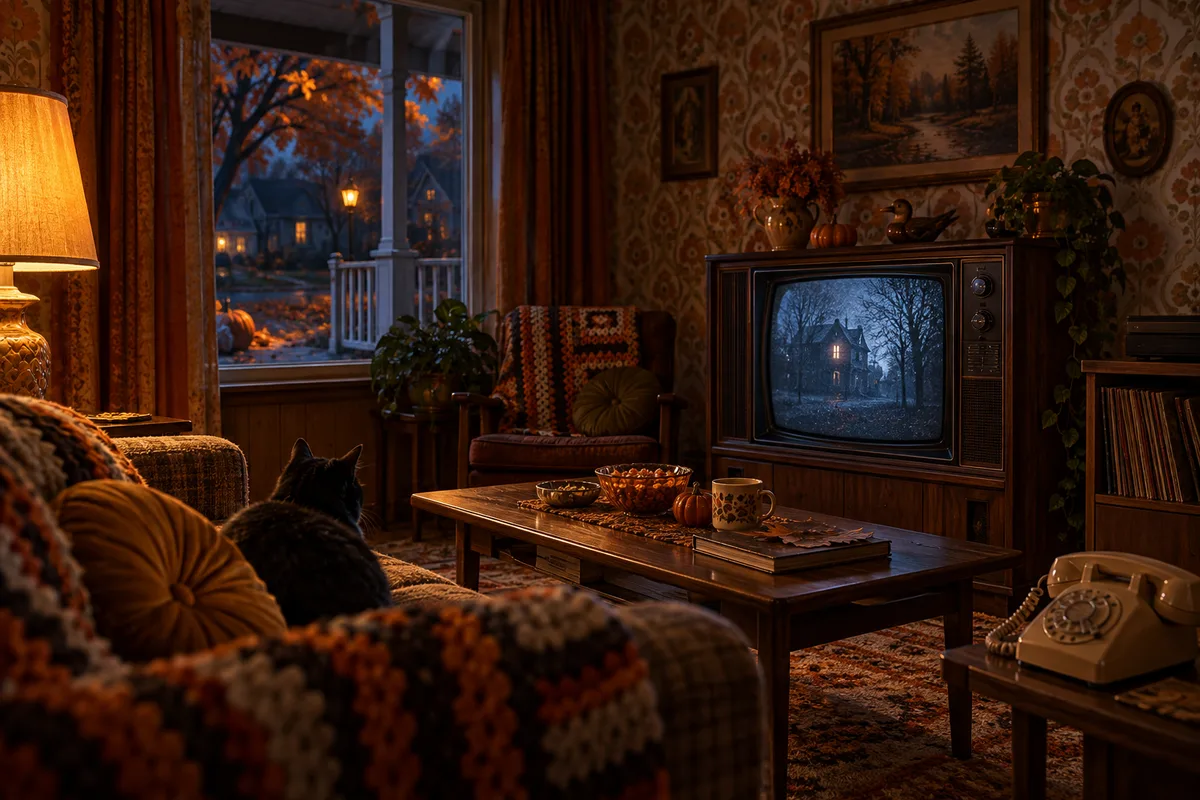 A 1970s living room with rotary telephone, wood-paneled television, patterned wallpaper and autumn porch visible through window