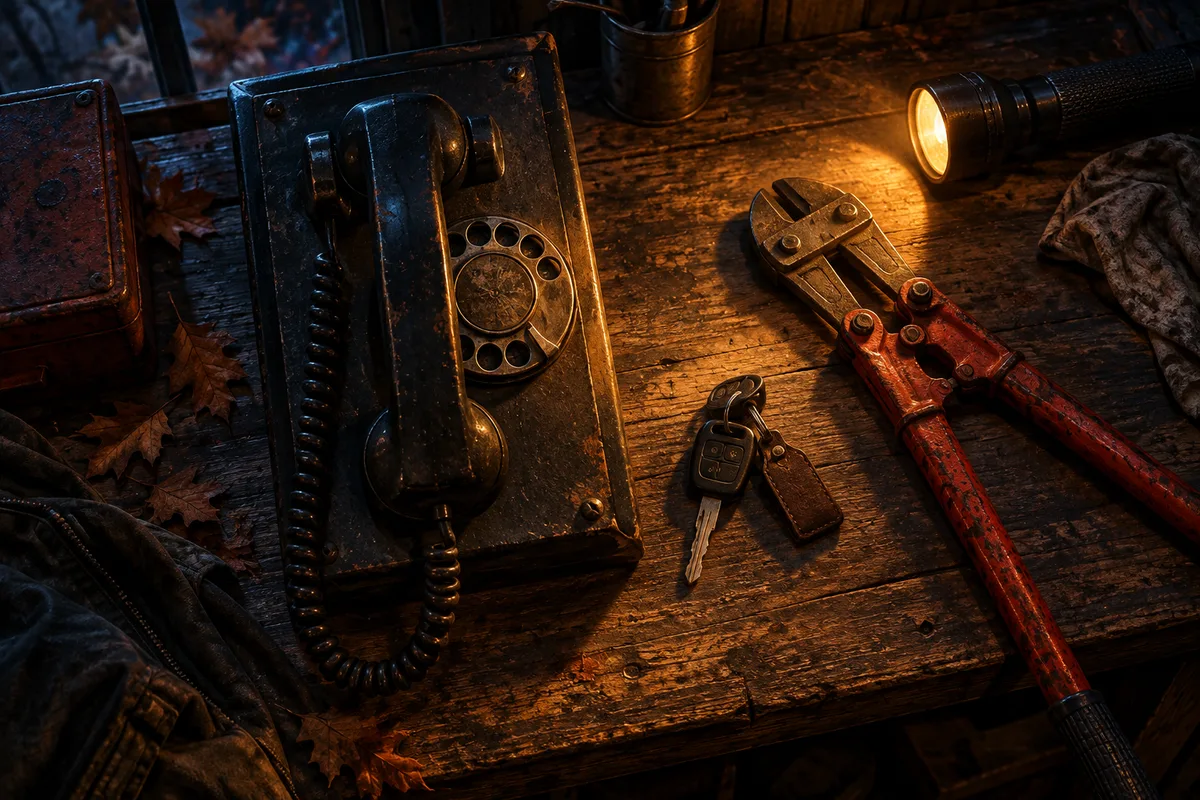 An overhead still life of a vintage wall telephone, car keys, bolt cutters and flashlight on a wooden workbench