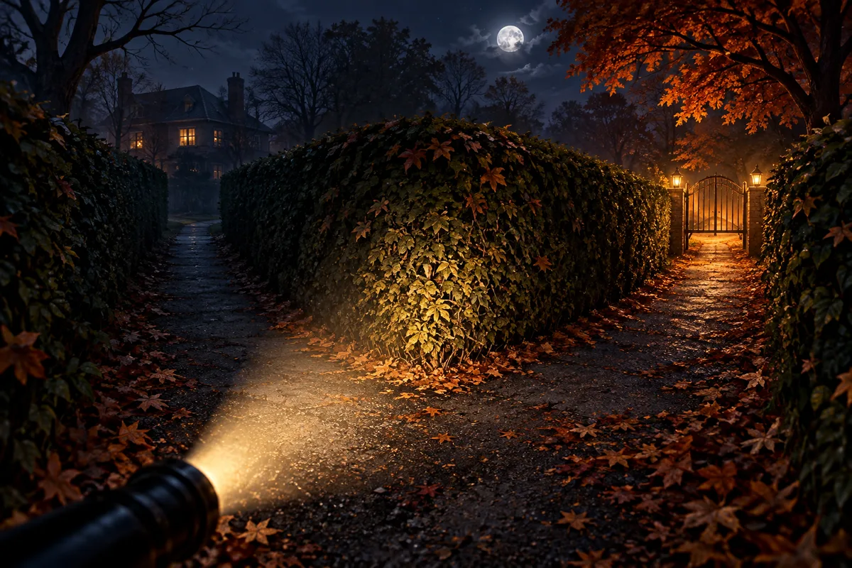 A flashlight illuminating two branching paths through original suburban hedges, warm exit gate in distance, no people