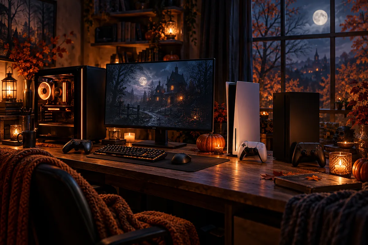 Three different original unbranded gaming setups: desktop tower and monitor, white console and black console, warm autumn studio