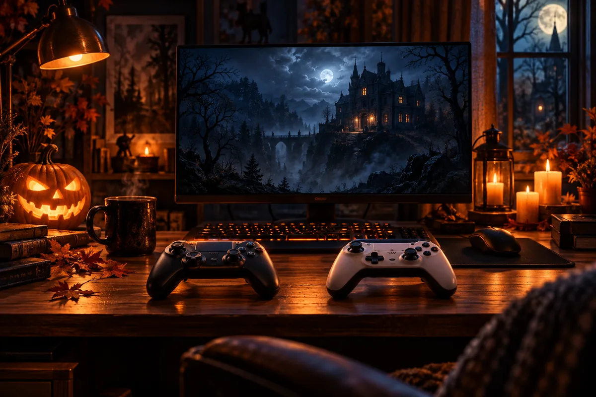 A cozy gaming desk with monitor, keyboard and two different generic gamepads arranged as choices, no logos