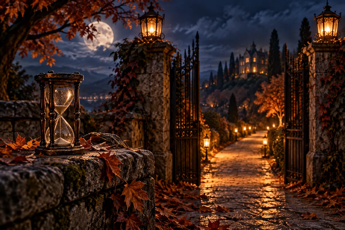 An open gate with spent hourglass on foreground stone wall and a warmly lit path available to everyone