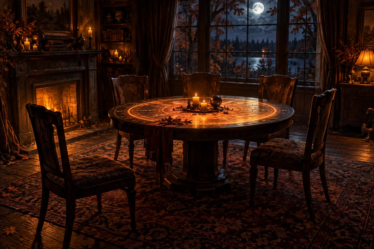 Five empty chairs around a glowing circular game table, one offset from a group of four, autumn night through window