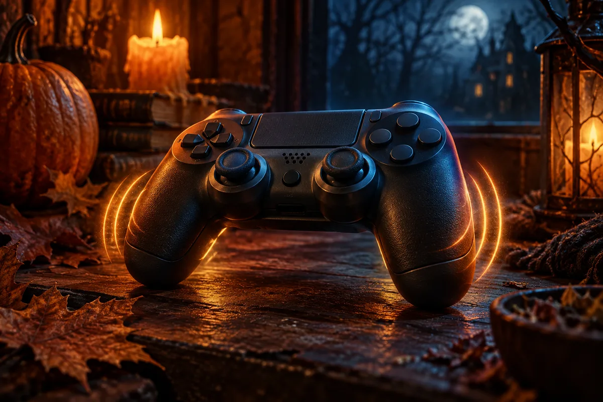 Macro still life of an unbranded controller with subtle luminous vibration waves around its grips, amber and blue light