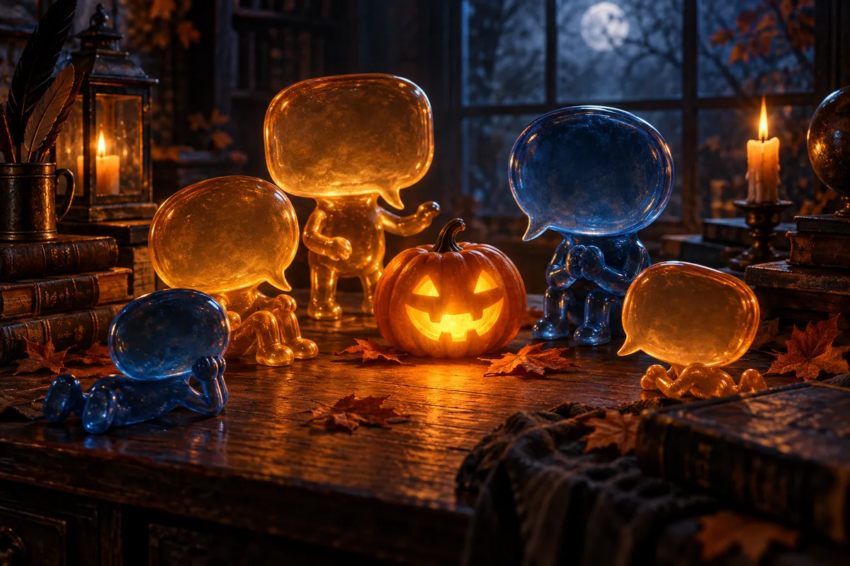 Several original blank speech-bubble sculptures in amber and blue gathered around a small glowing pumpkin on a desk