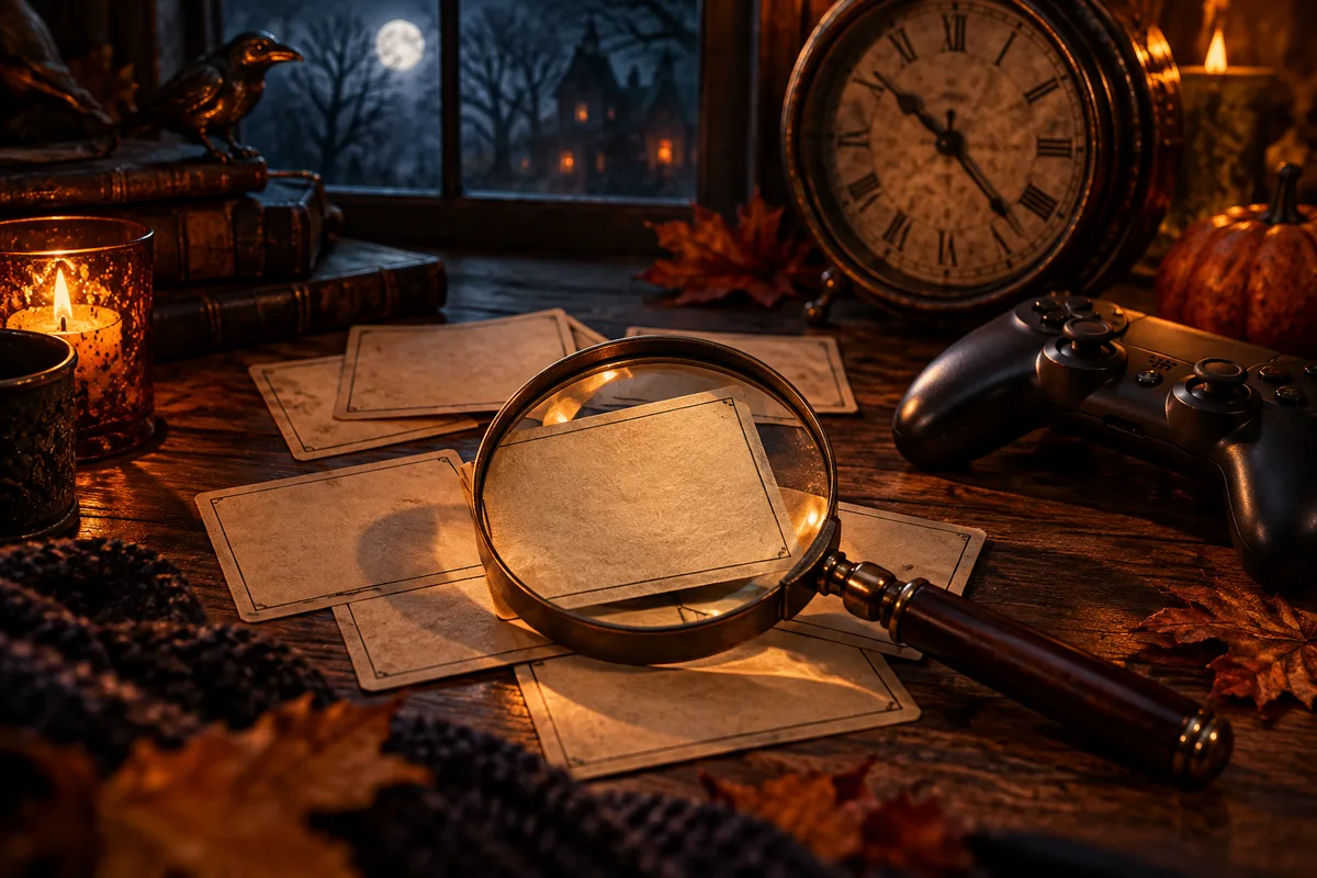 A magnifying glass over blank discussion cards next to a clock and an unbranded controller