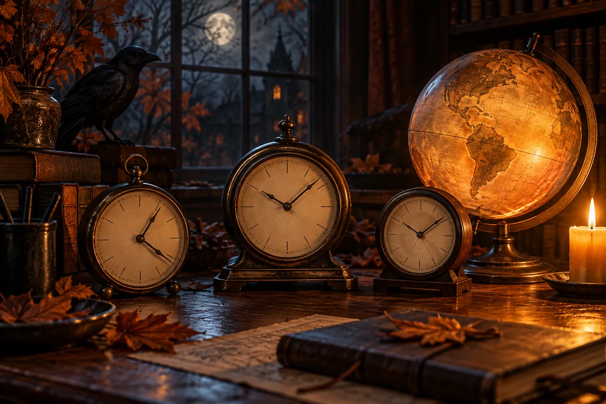 Three analog clocks and a softly illuminated globe on an autumn desk, no numbers or labels