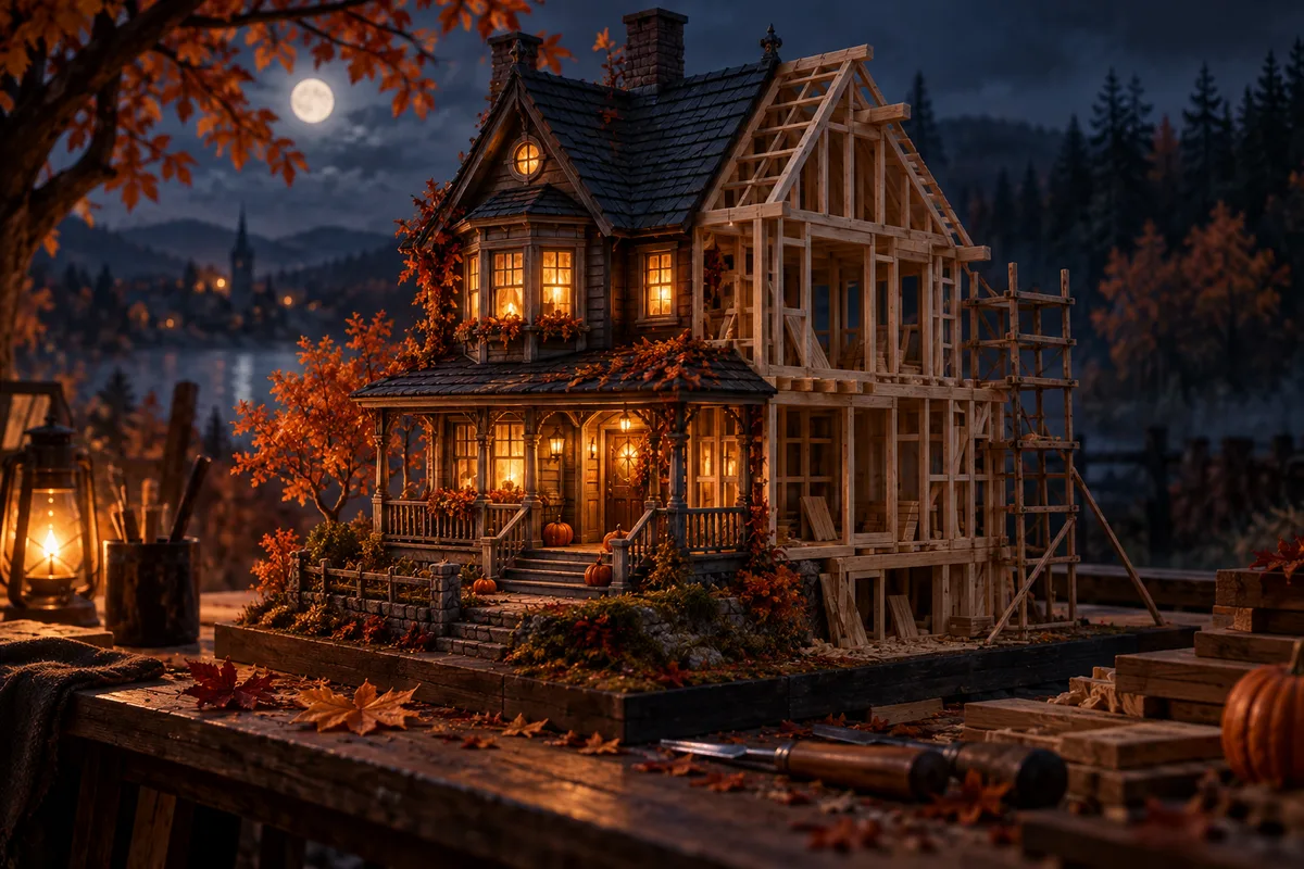 A split material study of a beautiful miniature autumn house with exposed unfinished wooden scaffolding on its reverse side