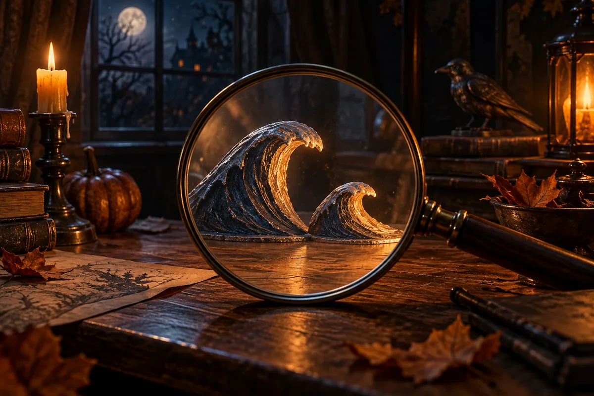 A magnifying glass examining two sculptural waves of different heights on a desk, no axes, numbers or actual statistics