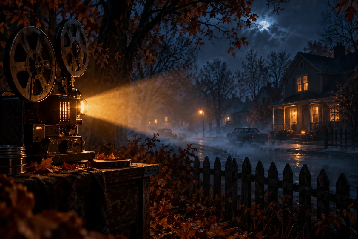 A vintage film projector sending an amber beam through blue fog onto an imagined suburban night scene
