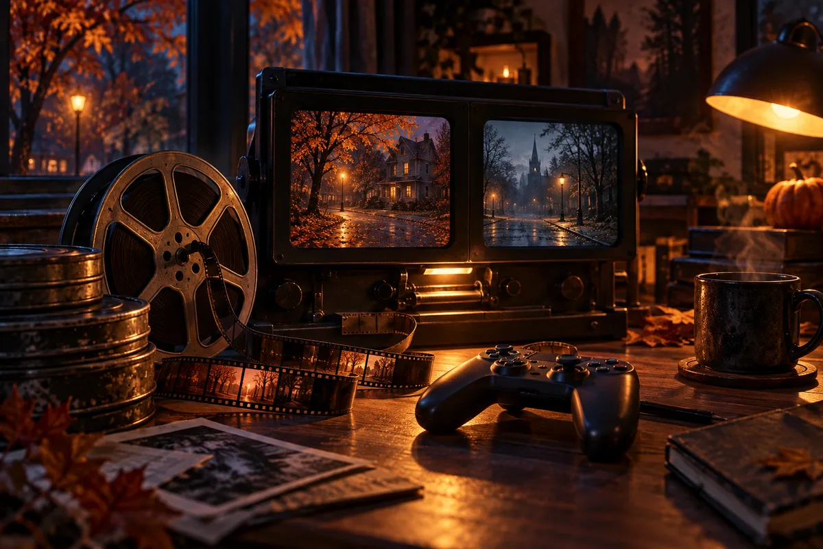 A film reel and editing viewer next to a game controller on a desk, two distinct framing windows of autumn street scenes