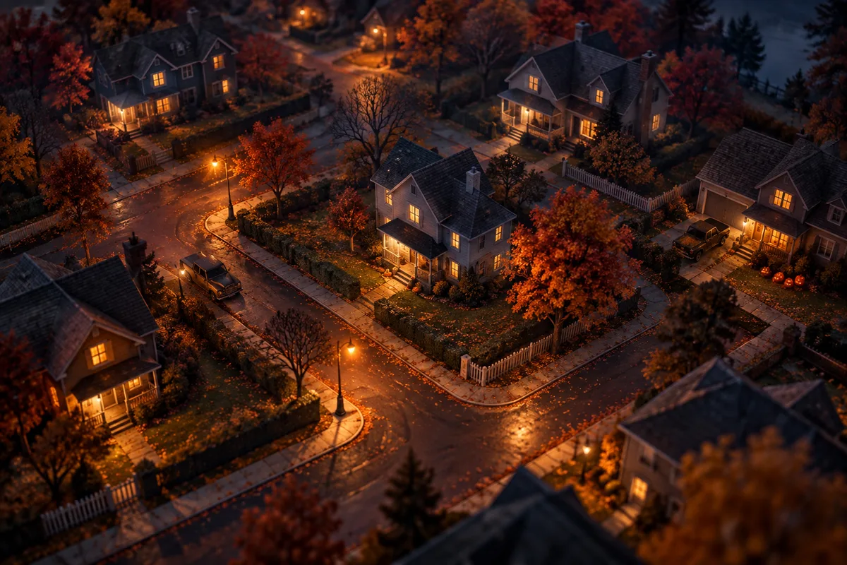 A handcrafted miniature fictional suburban neighborhood with houses, hedges and connecting streets, overhead isometric view, not an actual game map